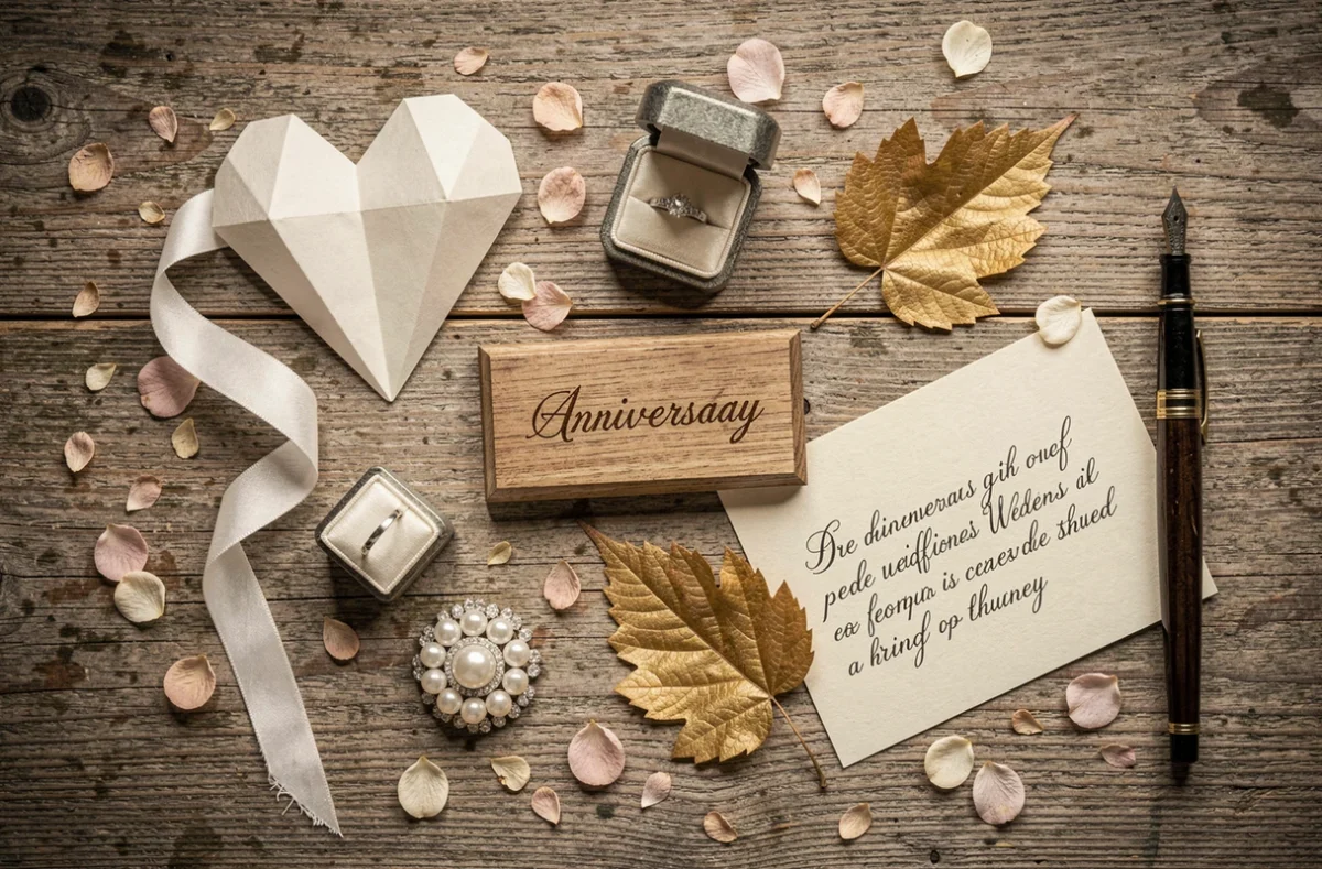Composition artistique en vue de dessus présentant des objets symbolisant les différentes noces de mariage sur une table en bois rustique