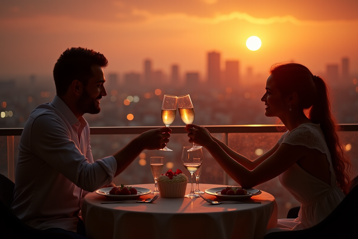 Diner romantique au coucher du soleil avec couple célébrant un an