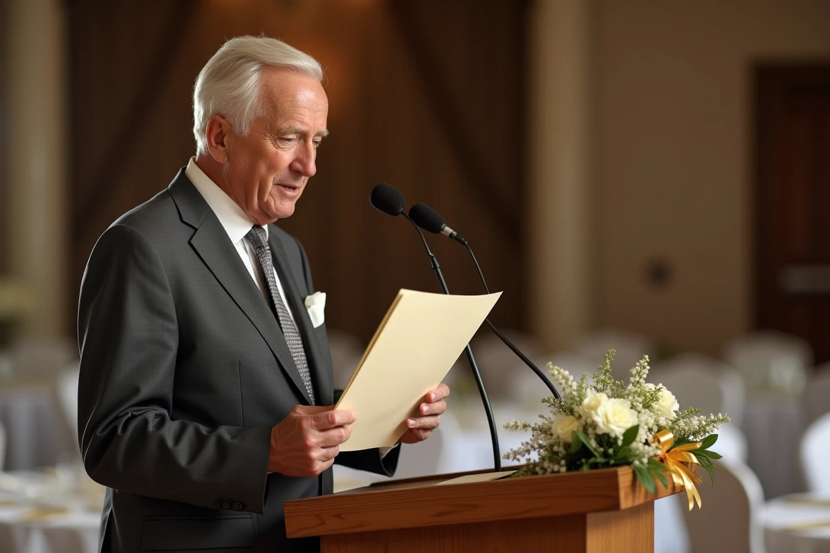Homme âgé lisant un discours pour des noces d'or lors d'une réception élégante
