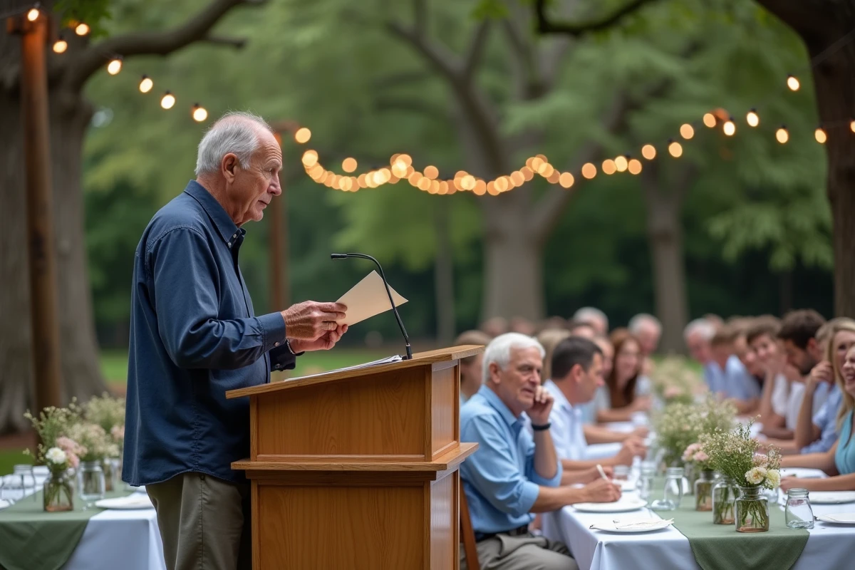 Discours émouvant d'un proche lors d'un repas de fête pour célébrer deux ans de mariage en plein air
