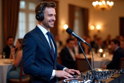 DJ homme en costume navy souriant lors d'un mariage élégant