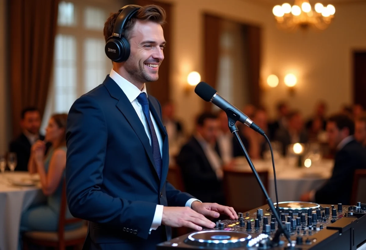 DJ homme en costume navy souriant lors d'un mariage élégant
