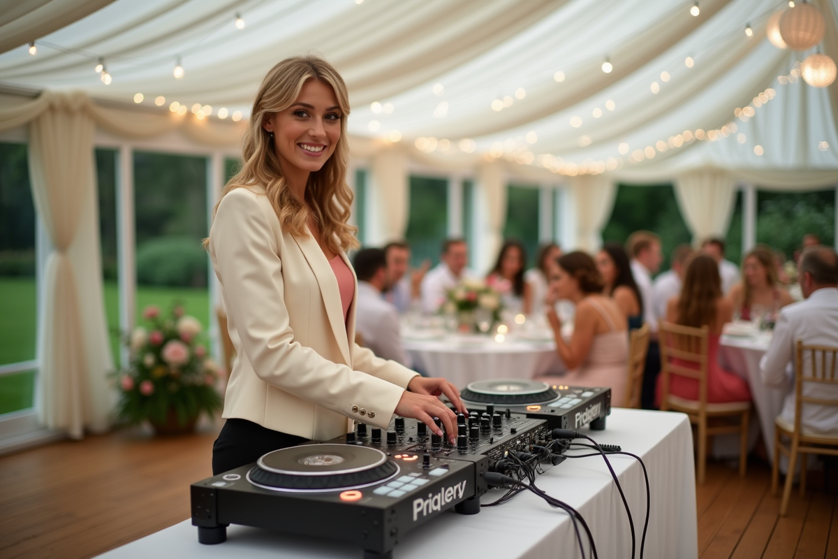 DJ femme souriante en mariage dans une tente élégante