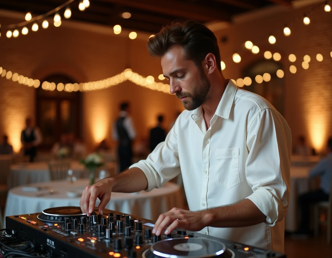 DJ professionnel en action lors d'une réception de mariage dans une salle avec guirlandes lumineuses et invités en arrière-plan
