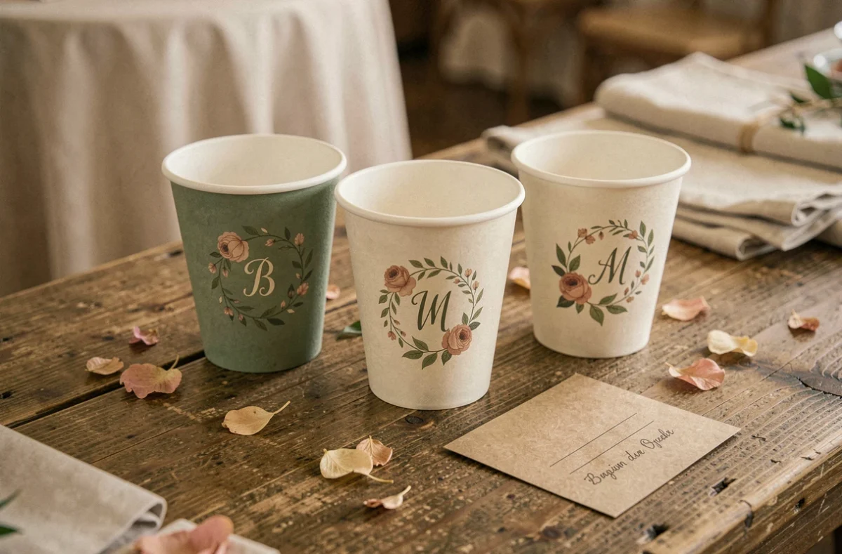 Éco cups personnalisés avec monogramme floral disposés sur une table en bois rustique pour un mariage, avec carte de commande kraft et pétales séchés