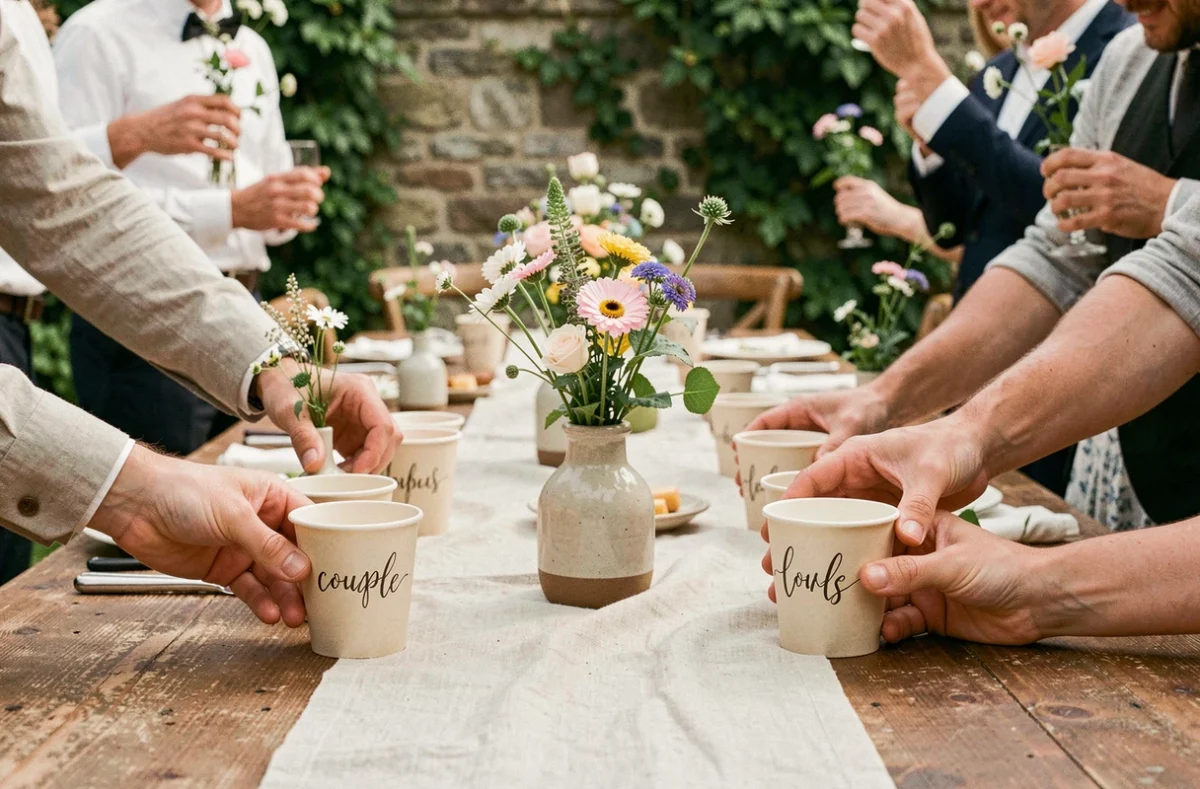 Table de réception mariage en extérieur avec éco cups personnalisés aux initiales des mariés, fleurs sauvages et coureurs de table en lin