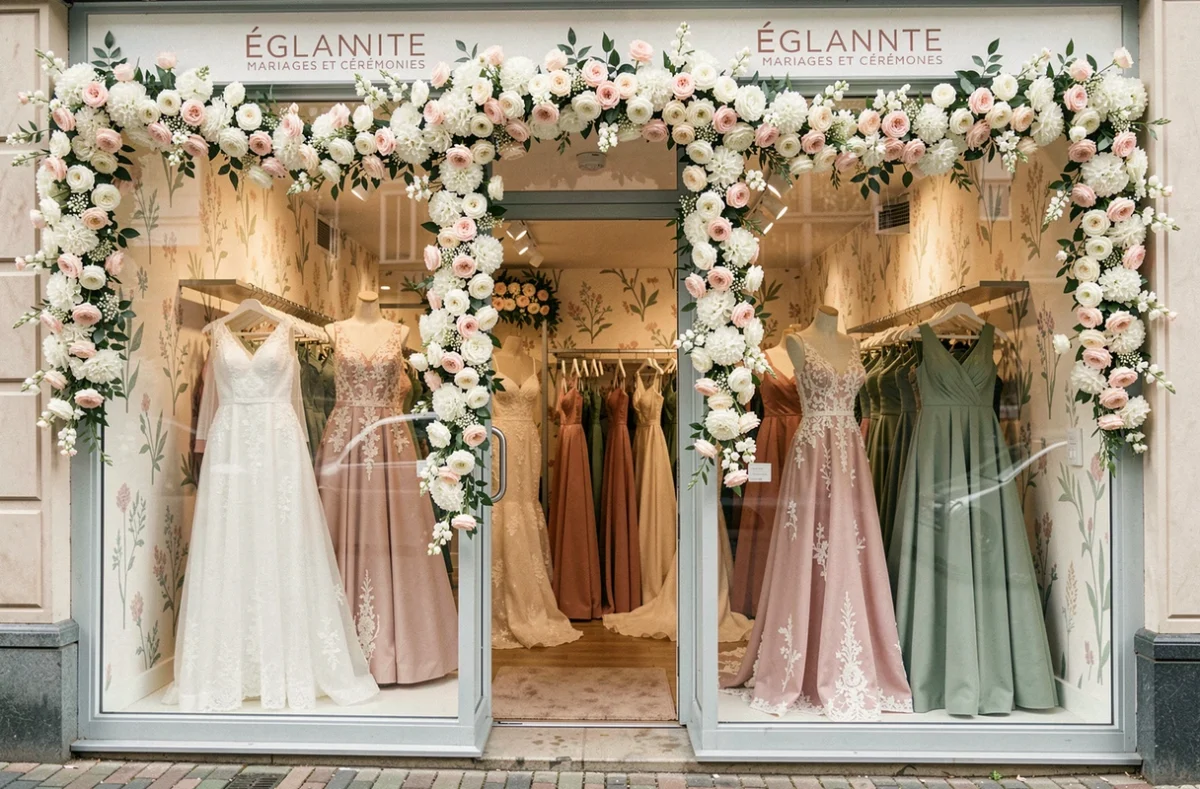 Boutique Églantine Mariages et Cérémonies avec des robes de mariée et de demoiselles d'honneur entourées de décors floraux