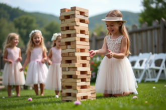 Groupe d'enfants jouant à Jenga lors d'un mariage en plein air