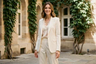 Femme élégante portant un ensemble mariage pantalon ivoire à jambes larges dans une cour parisienne, look mariée moderne et raffiné