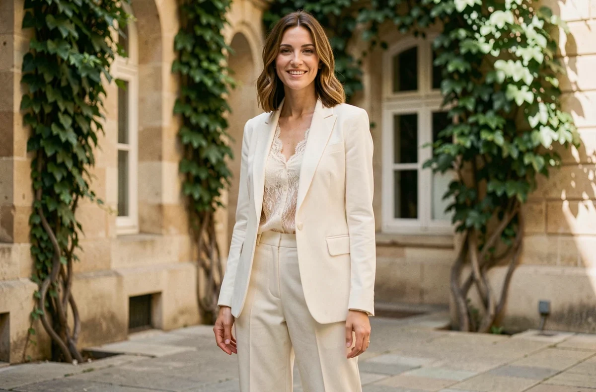 Femme élégante portant un ensemble mariage pantalon ivoire à jambes larges dans une cour parisienne, look mariée moderne et raffiné