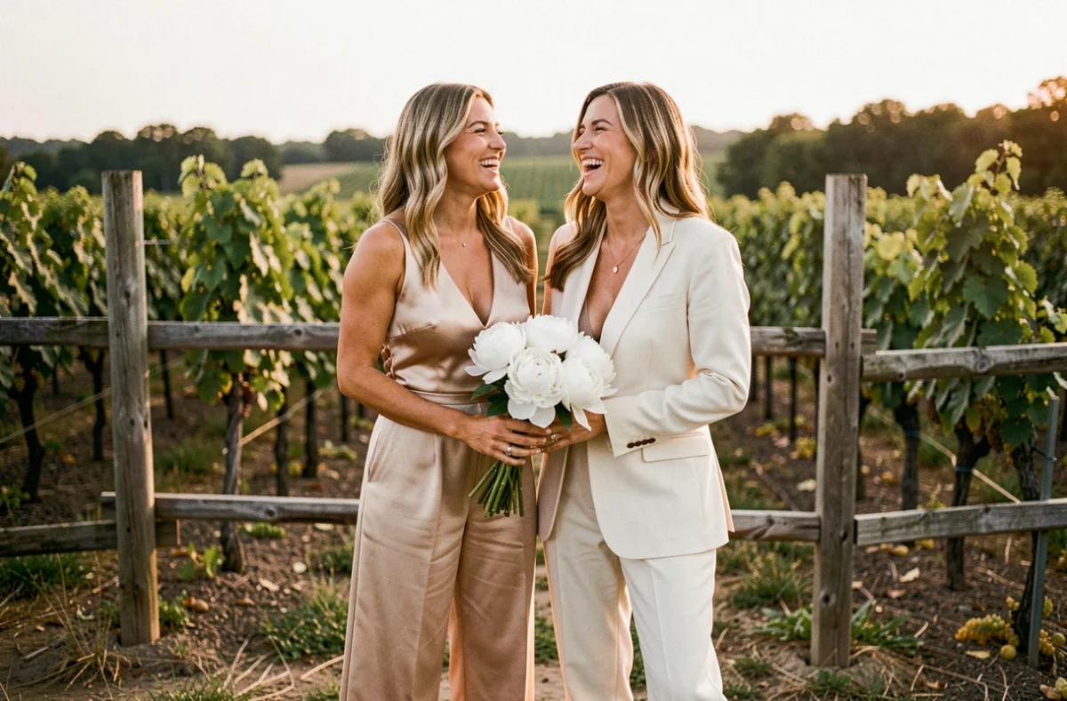 Deux femmes en ensemble pantalon mariage champagne et ivoire riant dans un vignoble, tenues de mariage modernes et élégantes pour femme