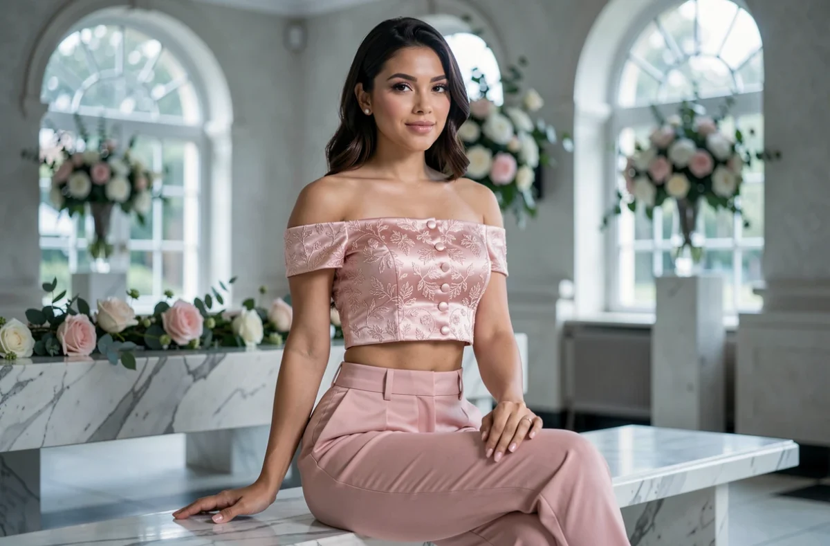 Mariée assise sur un banc en marbre dans une salle de réception portant un ensemble pantalon rose poudré brodé de perles, tenue de mariage féminine et sophistiquée