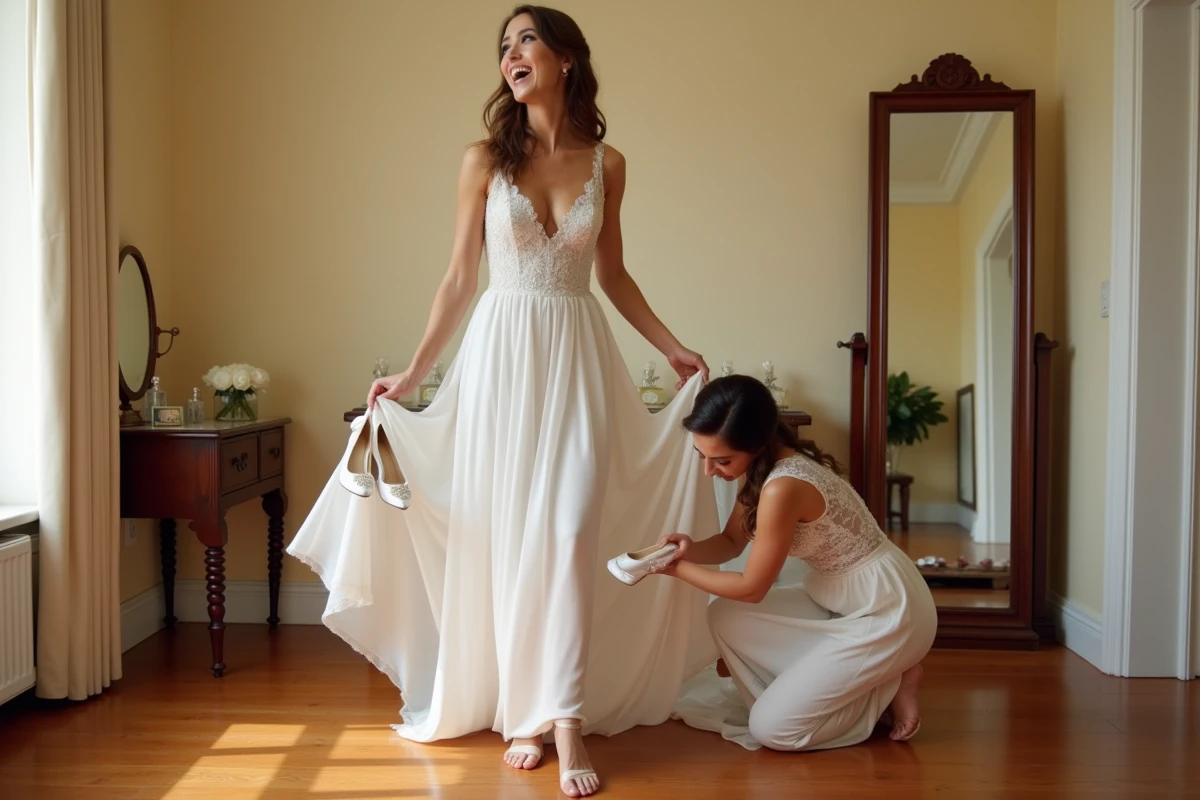 Mariée tenant des escarpins blancs à talon aiguille lors de la préparation du mariage avec sa demoiselle d'honneur