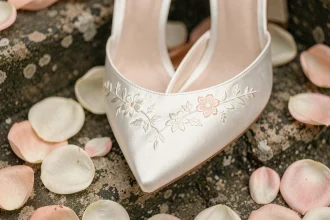 Escarpins blancs en satin brodé pour mariage posés sur des marches en pierre avec des pétales de roses ivoire