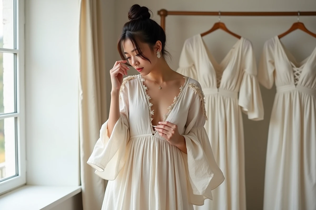 Femme essayant une robe bohème manches larges et col en V dans une boutique de mariage élégante aux murs blanchis à la chaux