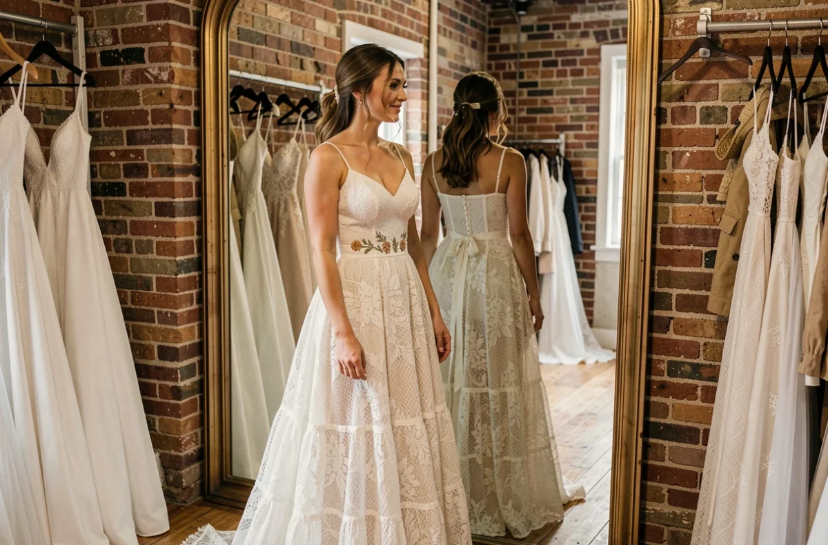 Mariée essayant une robe de mariée bohème abordable dans une boutique authentique avec miroir et parquet en bois