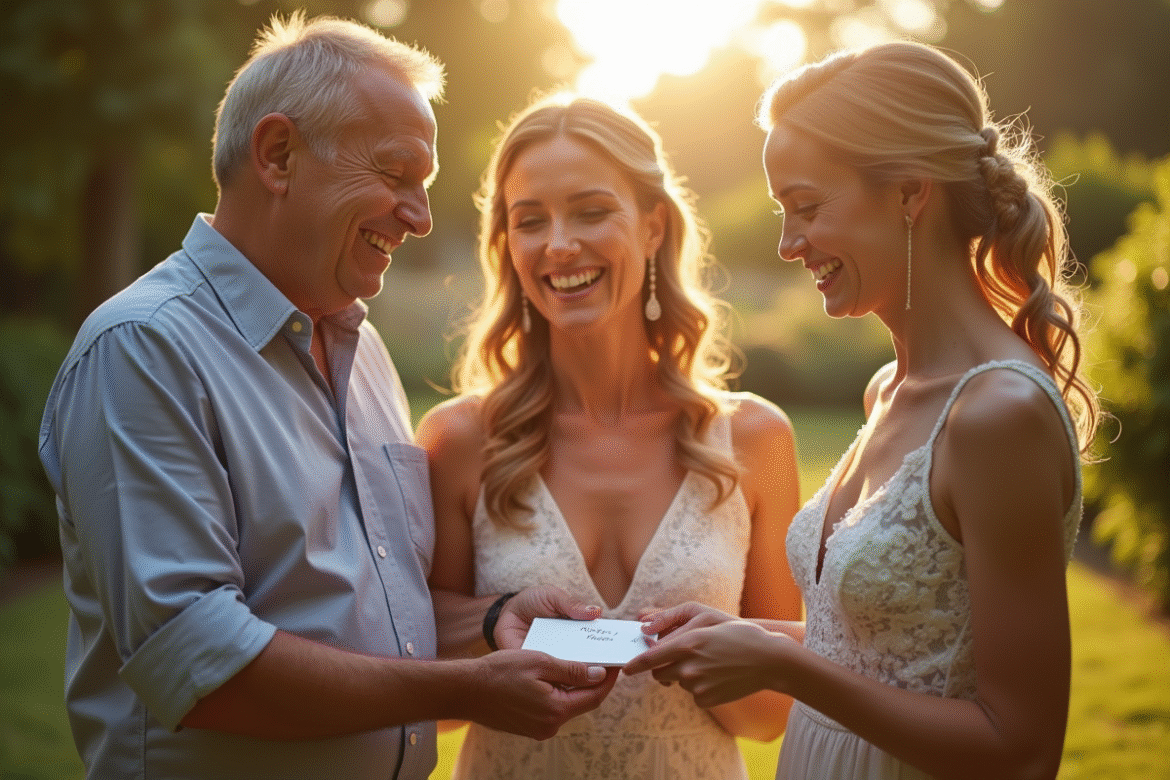 Famille heureuse dans un jardin ensoleille lors d'un mariage