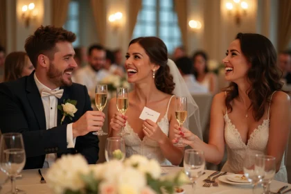 Amis proches portant un toast avec des messages humoristiques lors d'un mariage, rires et complicité autour d'une table de réception décorée