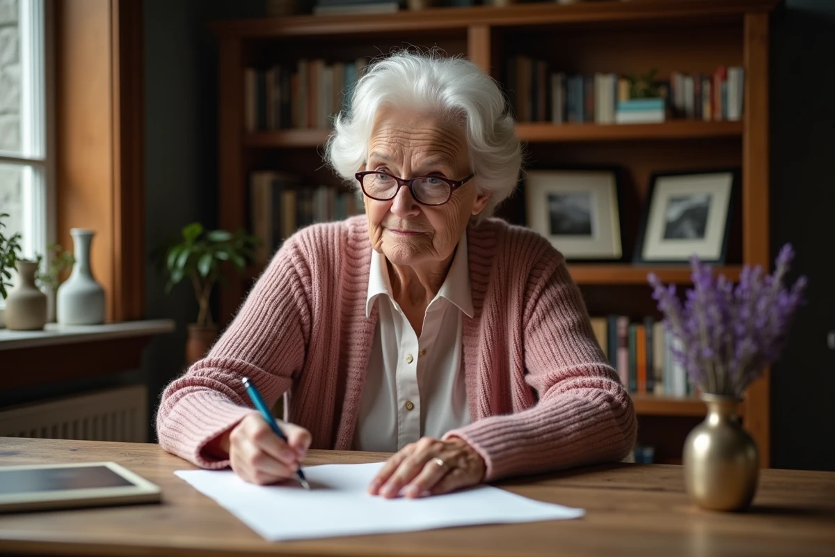 Femme âgée rédigeant un discours de 50 ans de mariage à son bureau avec des photos de famille
