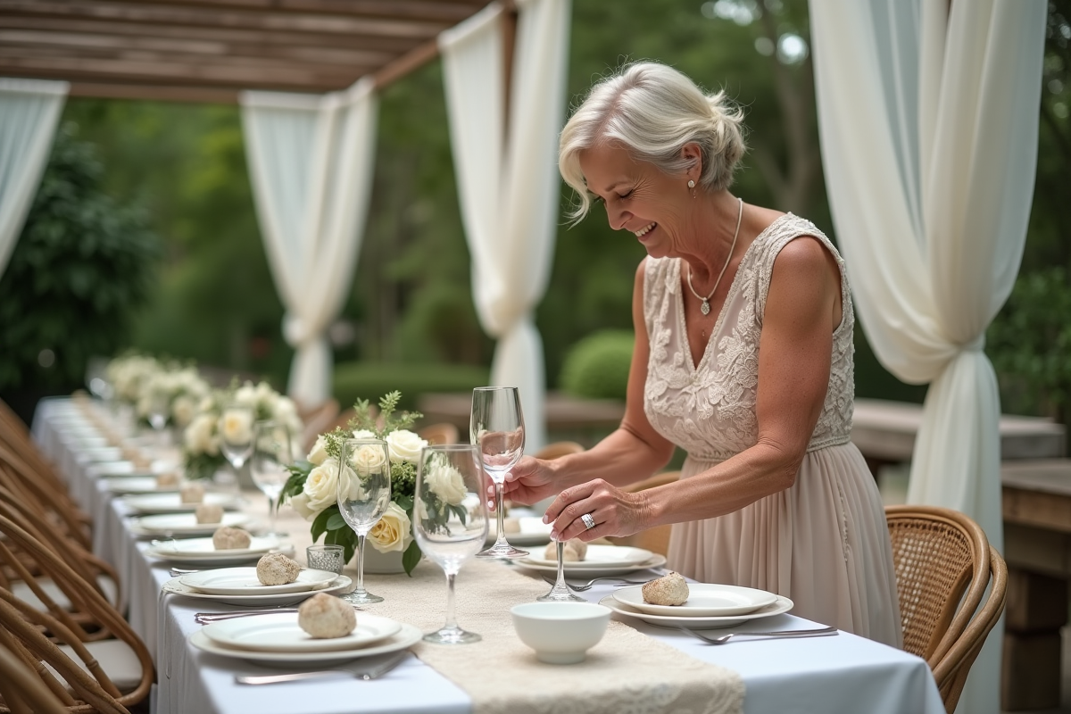 Femme âgée dressant la table en extérieur