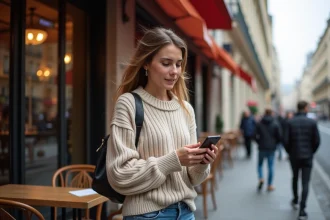 Femme en casual chic à Paris regardant son smartphone