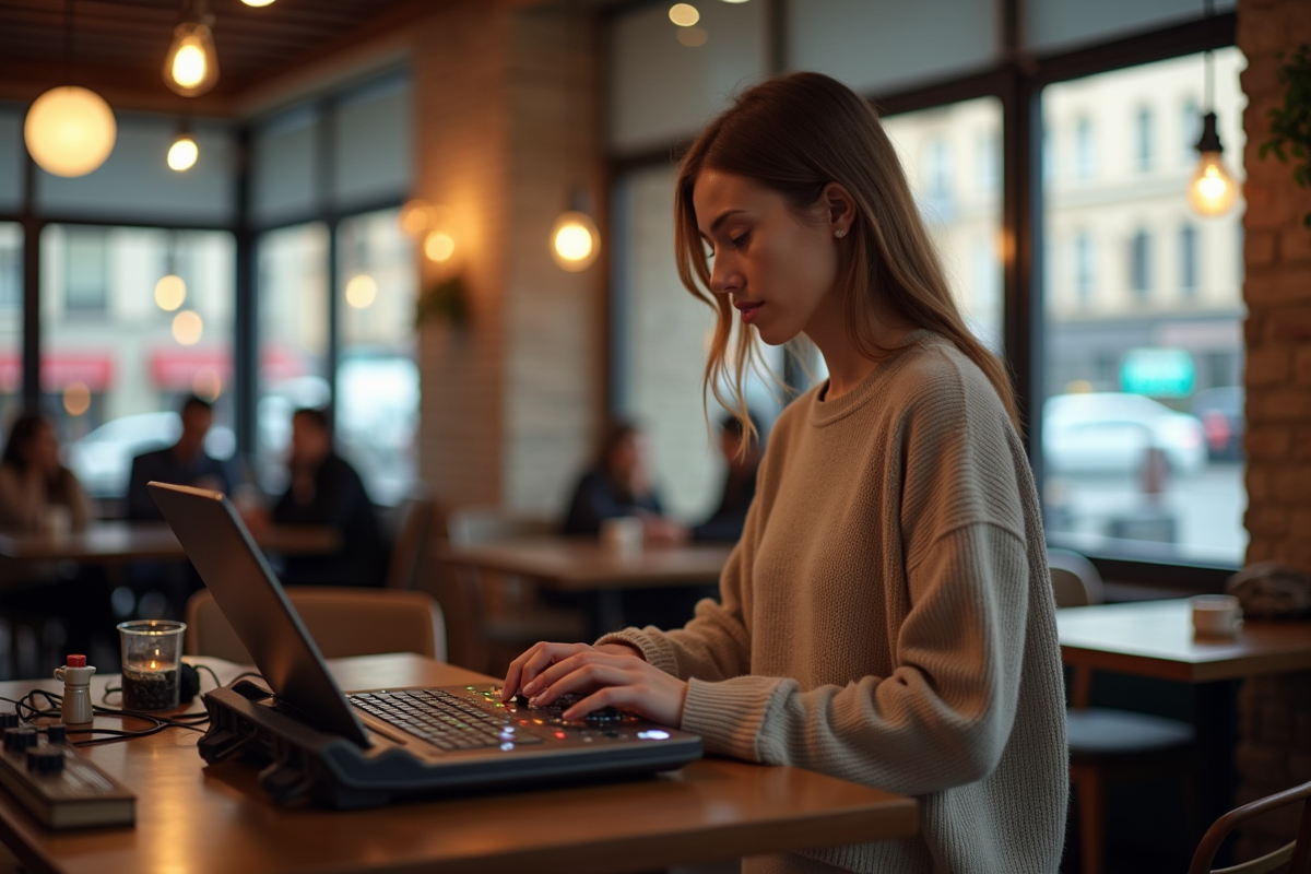 Femme DJ dans un café ajustant sa musique sur ordinateur