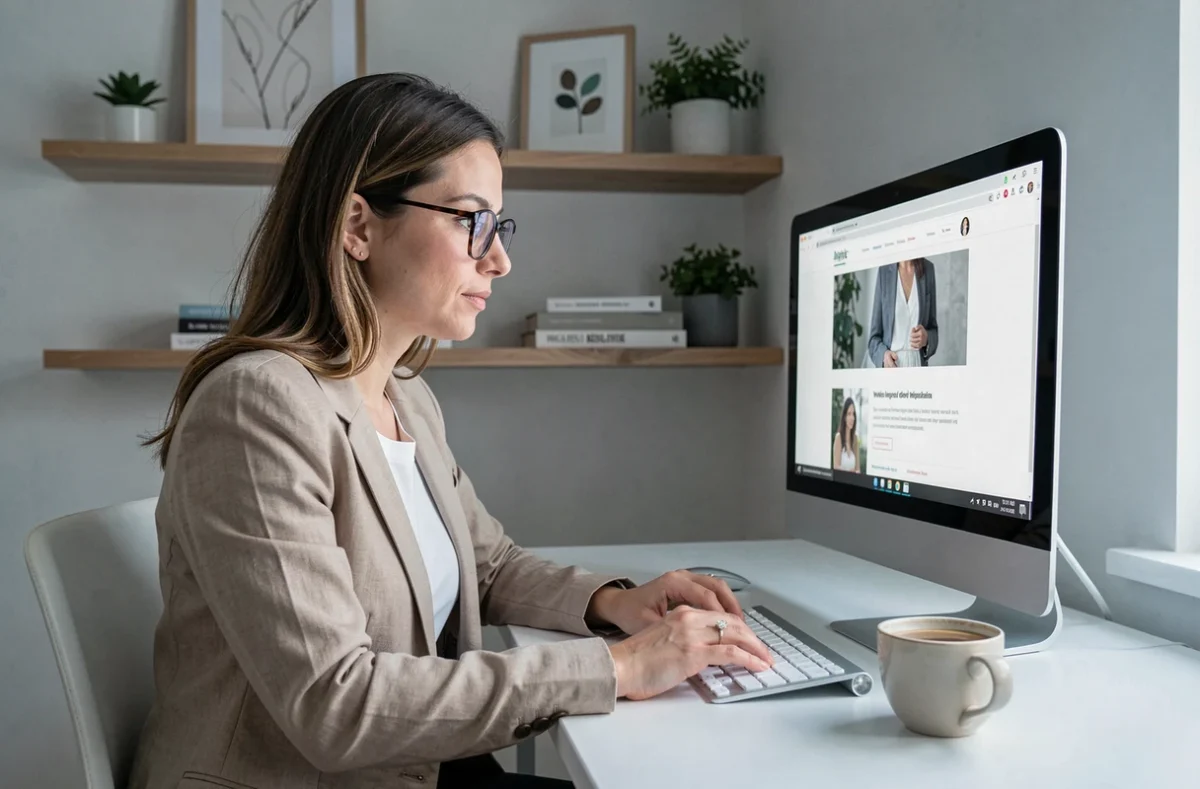 Femme fiancée planifiant seule son site de mariage sur un ordinateur de bureau dans un bureau minimaliste