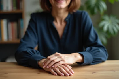 Femme dans un bureau avec mains et bagues en vedette