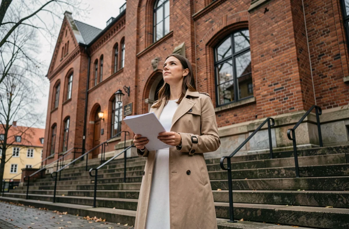 Femme devant une mairie danoise tenant des documents pour se marier au Danemark sans agence