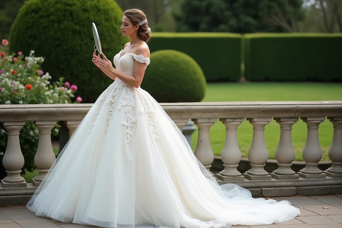 Femme en robe de mariée regardant son reflet dans un jardin