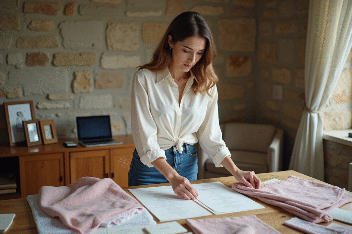 Jeune femme arrangeant invitations de mariage dans un salon cosy