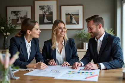 Organisatrice de mariage femme discutant contrat et mood board