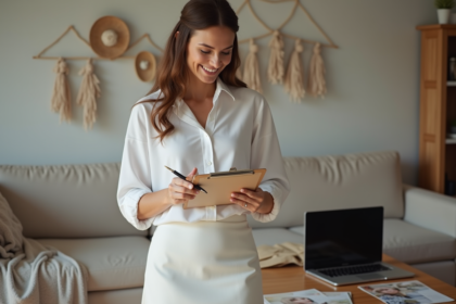 Femme souriante organise mariage avec check-list