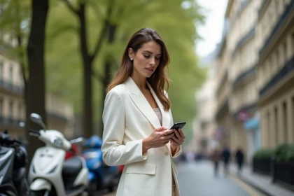 Femme en pantalon blanc dans une rue parisienne