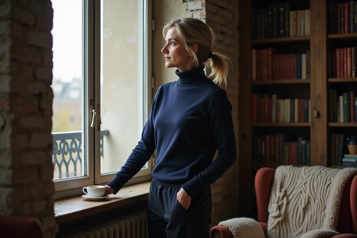 Femme pensive regardant par la fenêtre dans un appartement parisien chaleureux, symbolisant le respect de la vie privée et de l'espace personnel