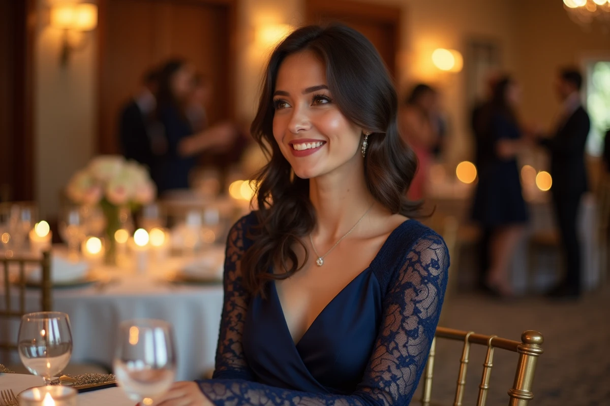 Femme élégante assise à une table de réception intérieure
