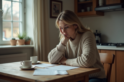 Femme d'âge moyen réfléchissant à des papiers de divorce à la maison
