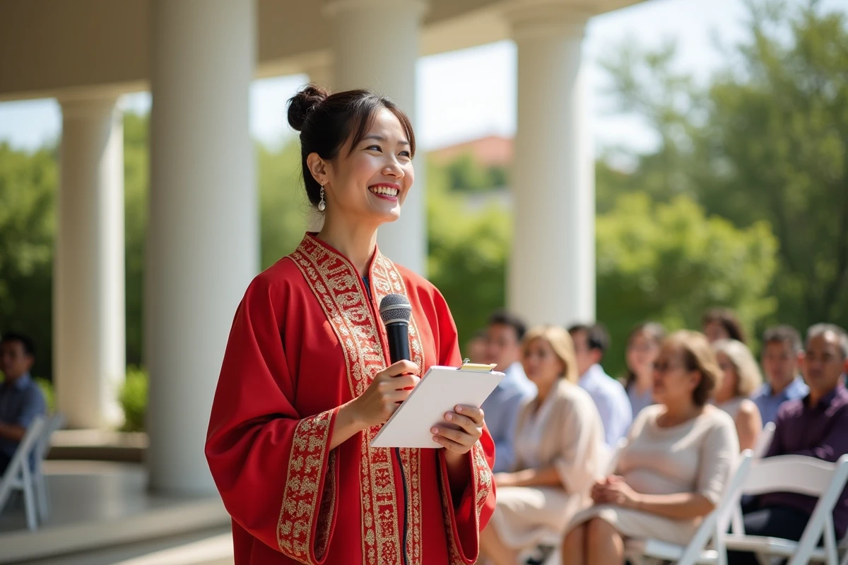 Femme souriante en robe cérémonielle dans un jardin