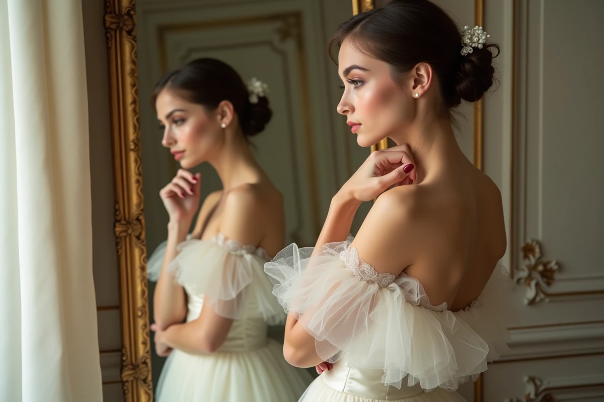 Femme en robe de mariage courte posant devant un miroir à Paris