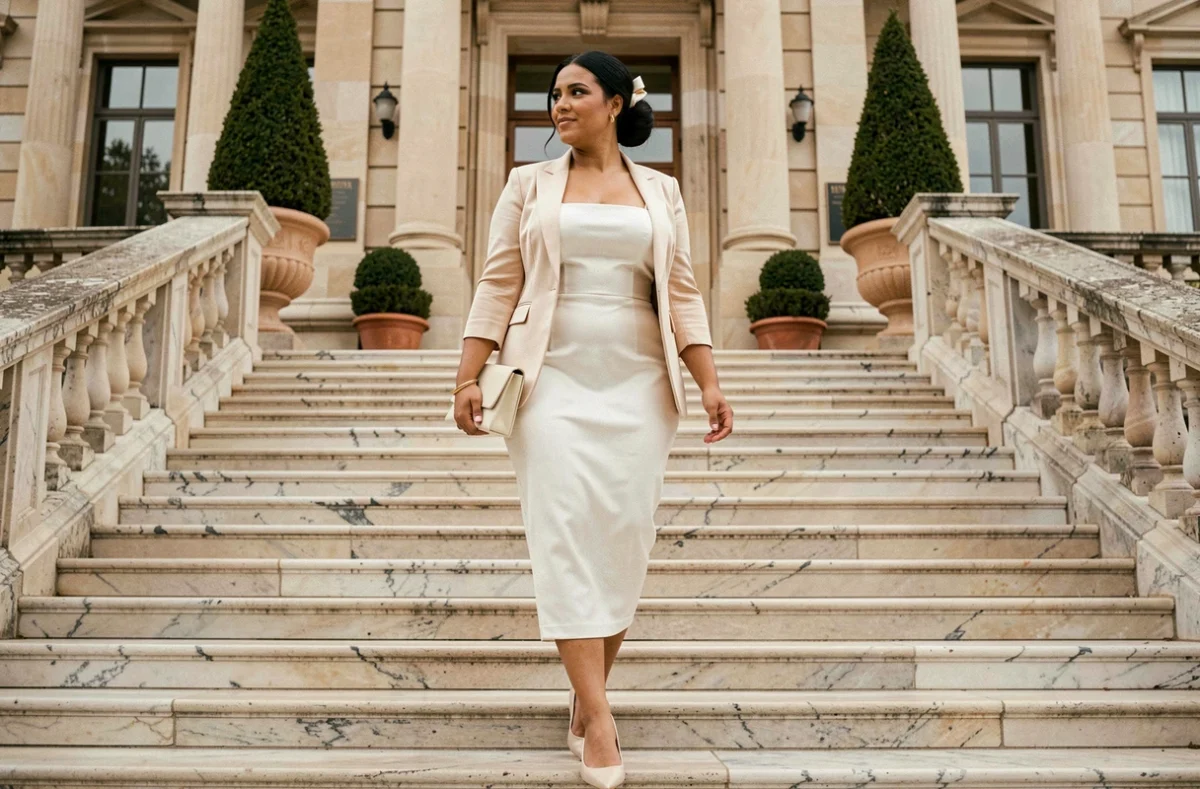 Femme ronde en robe blanche et blazer champagne marchant vers une mairie pour son mariage civil