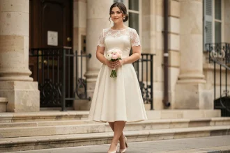 Femme ronde en robe de mariée civile ivoire mi-longue devant une mairie française, bouquet de fleurs blanches et roses