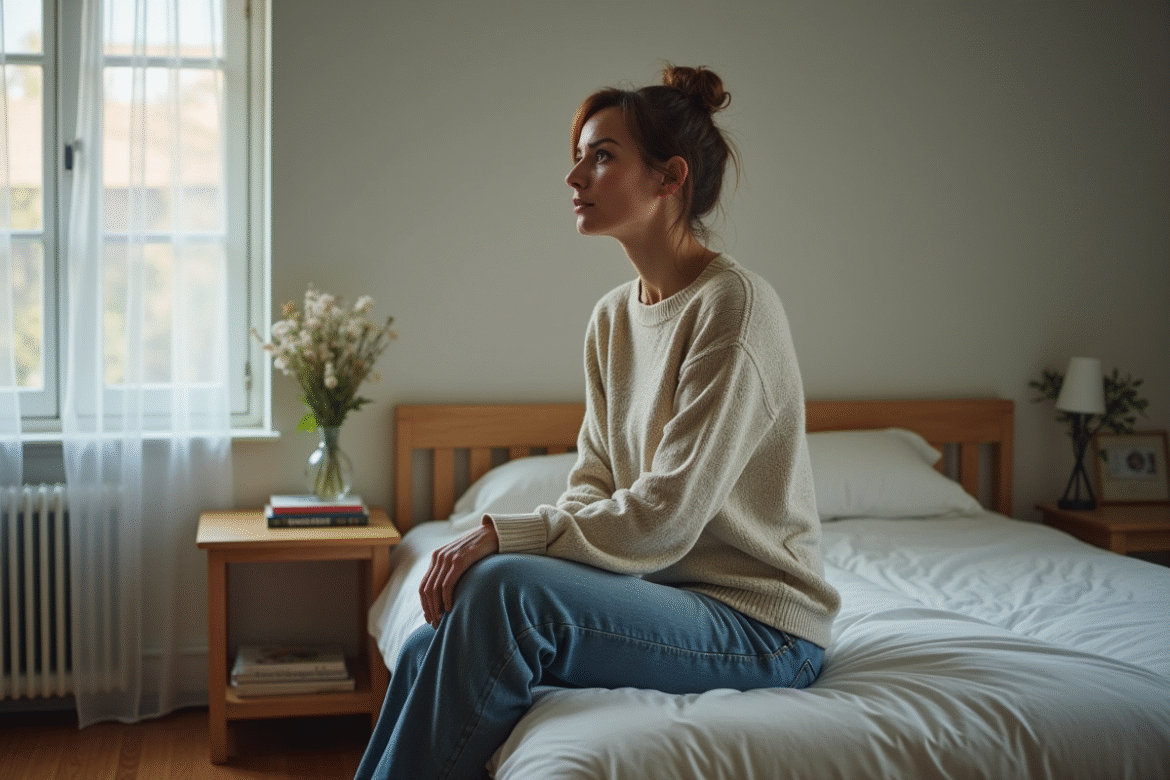 Femme assise sur le lit regardant par la fenêtre