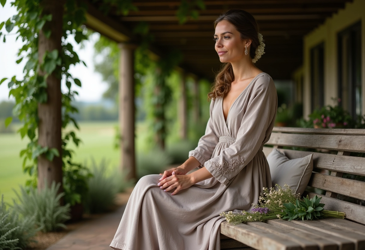 Femme assise sur un banc en jardin lors d’un mariage