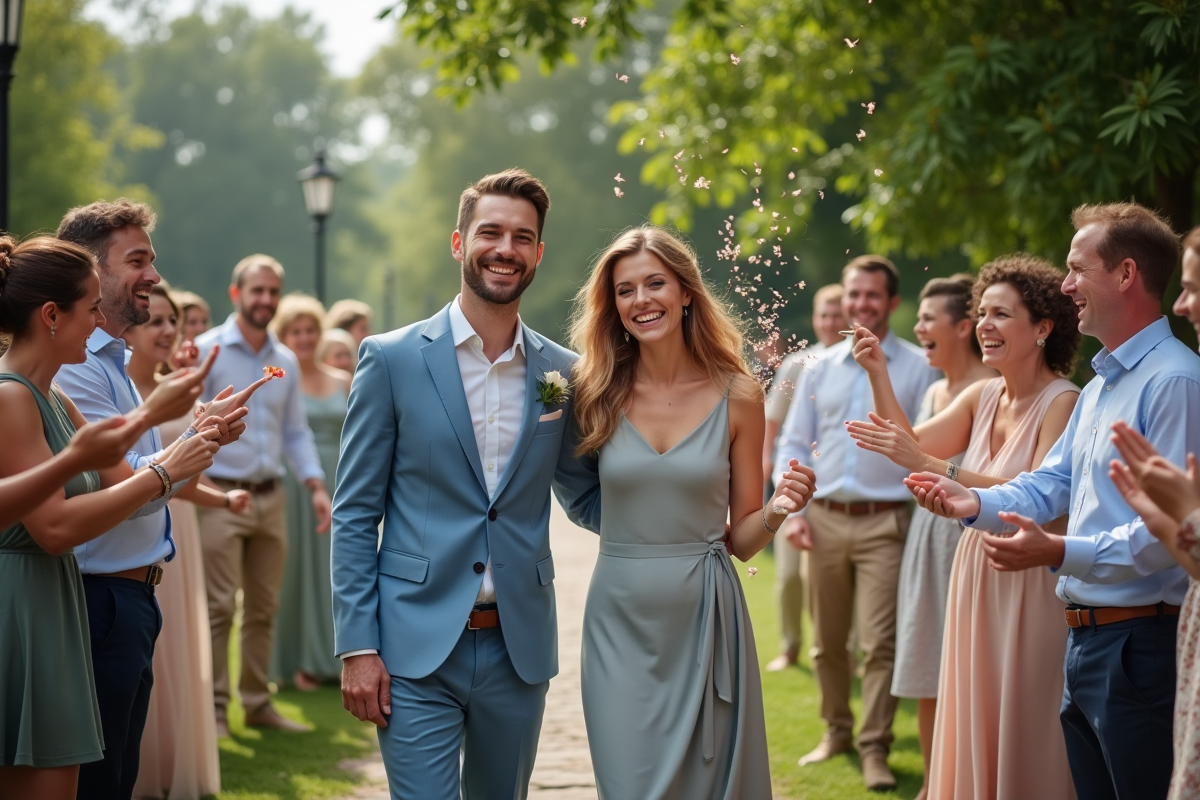 Groupe d amis et famille célébrant un mariage en plein air