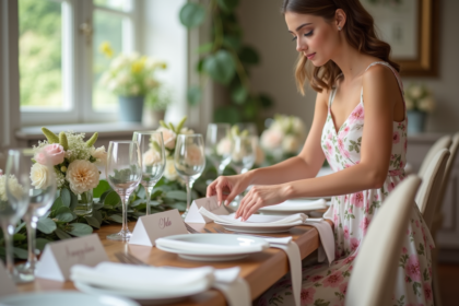 Jeune femme arrangeant des cartes de nom lors d'un mariage