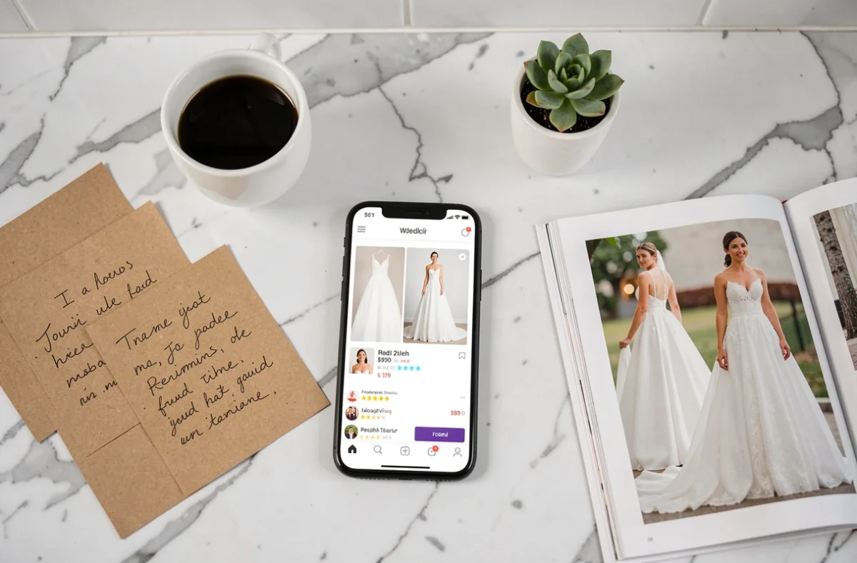 Vue de dessus d'un smartphone affichant un site de robes de mariée pas chères avec des avis et comparatifs de prix