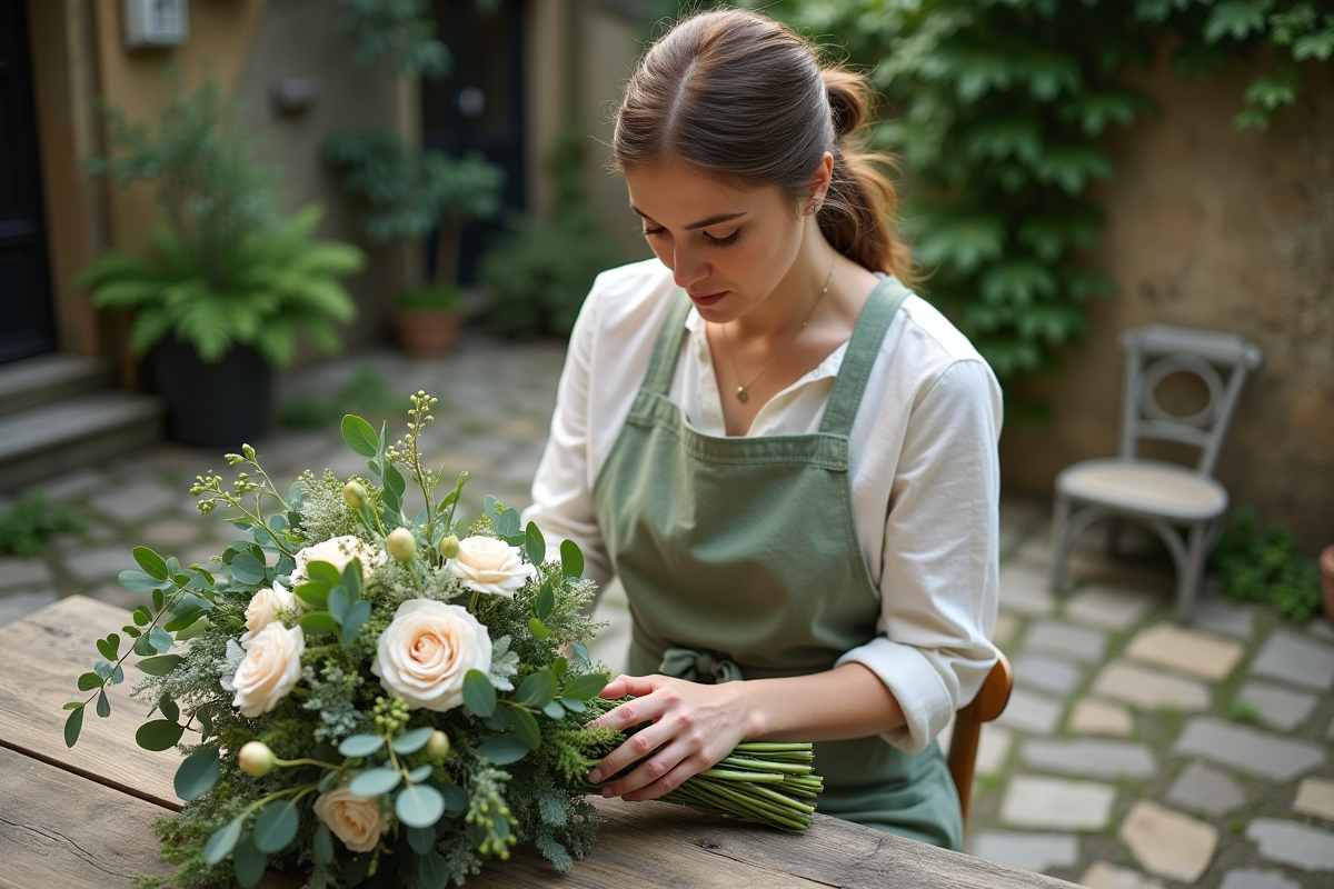 Fleuriste assemblant un bouquet avec feuillage et fleurs