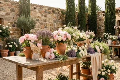 Table de fleurs de mariage rustique et élégante en Occitanie avec pivoines, lavande et roses blanches dans une cour en pierre ensoleillée