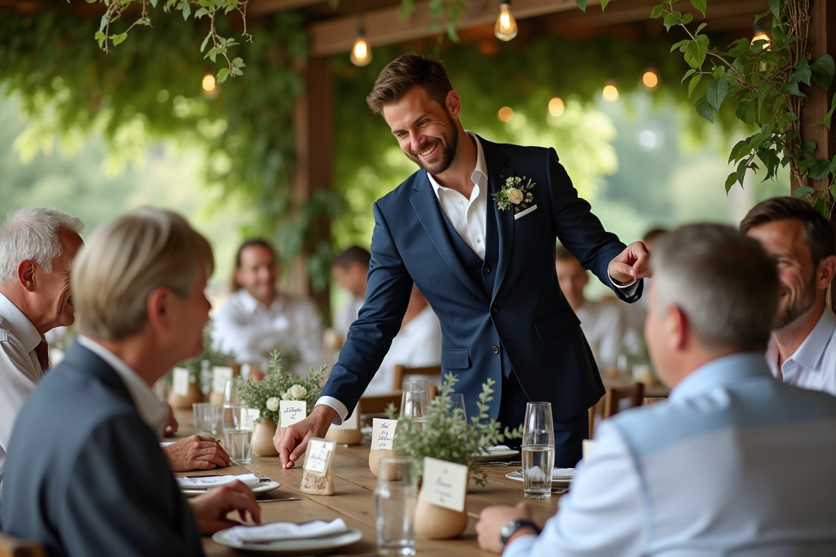 Groom indiquant les places assises à un invité en extérieur