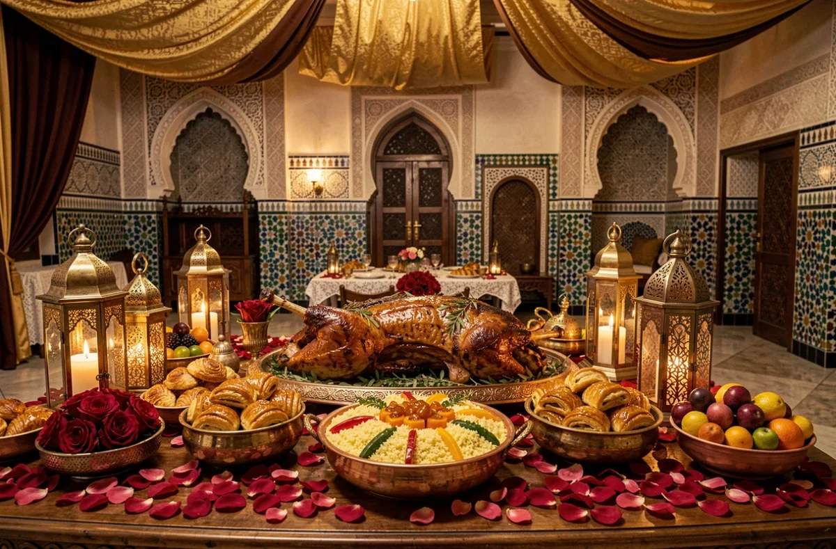Banquet de mariage oriental de la Gazelle de l'Orient avec méchoui, couscous géant et pâtisseries traditionnelles dans une salle décorée